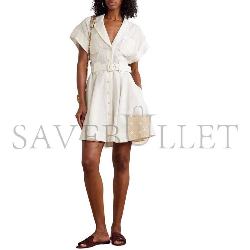ZIMMERMANN AWAKEN BELTED LINEN MINI SHIRT DRESS 